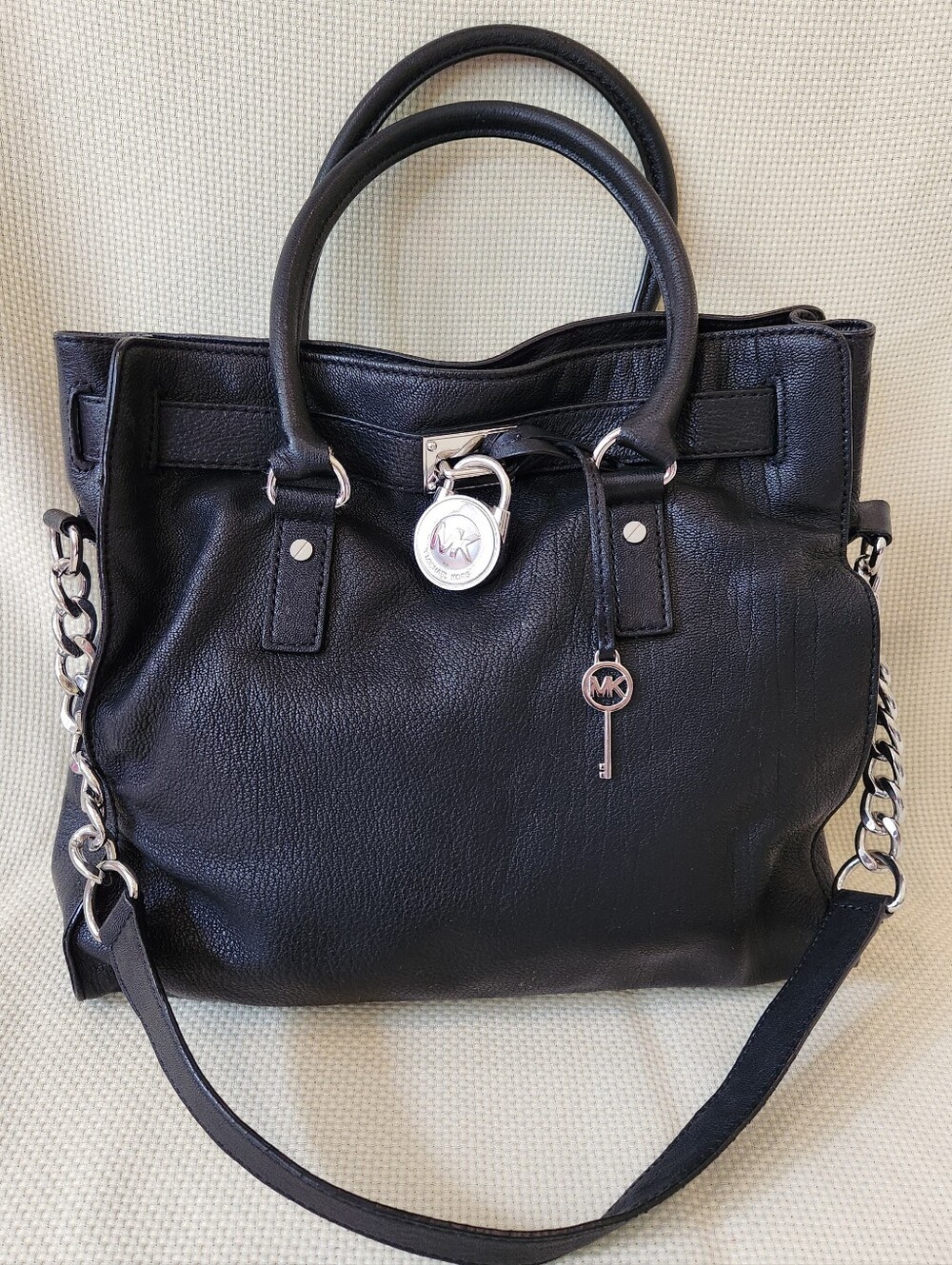 Michael Kors Hamilton Large Satchel Black Pebbled Leather Silver Lock Key Tote